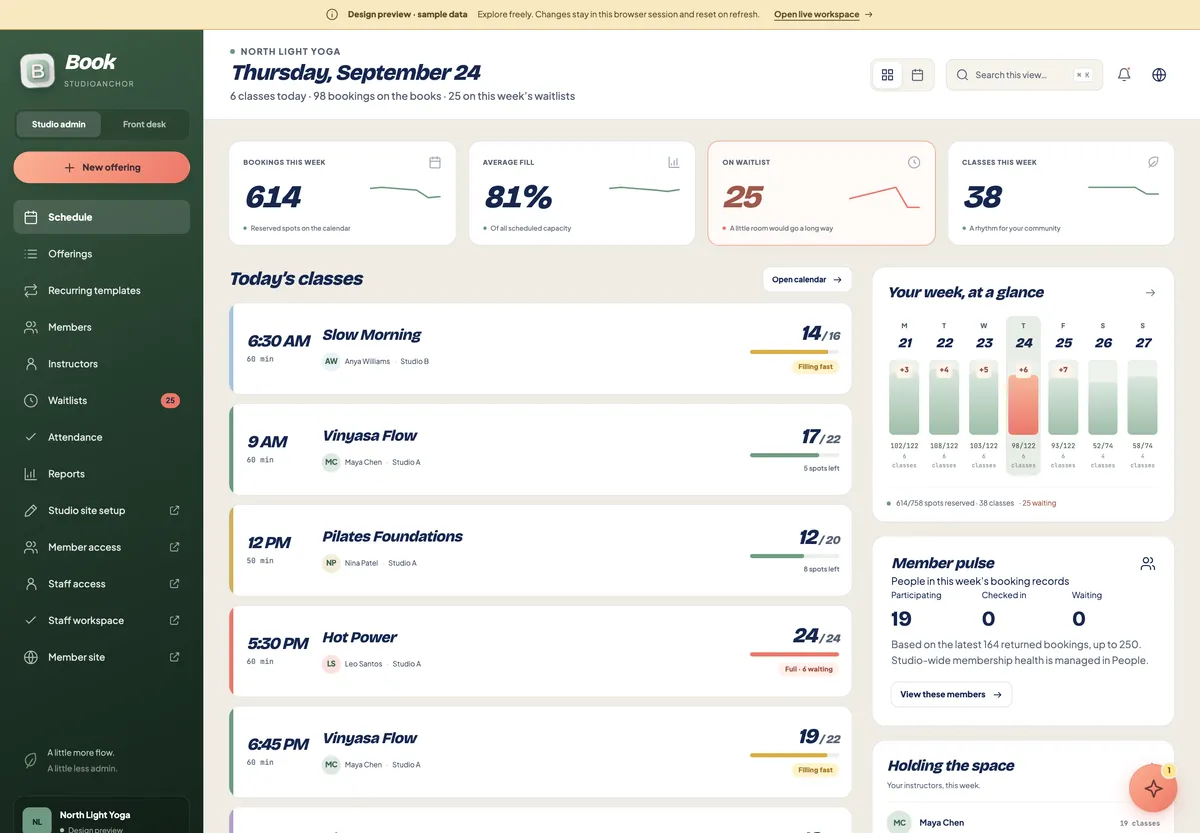 Book’s schedule view with classes and capacity.