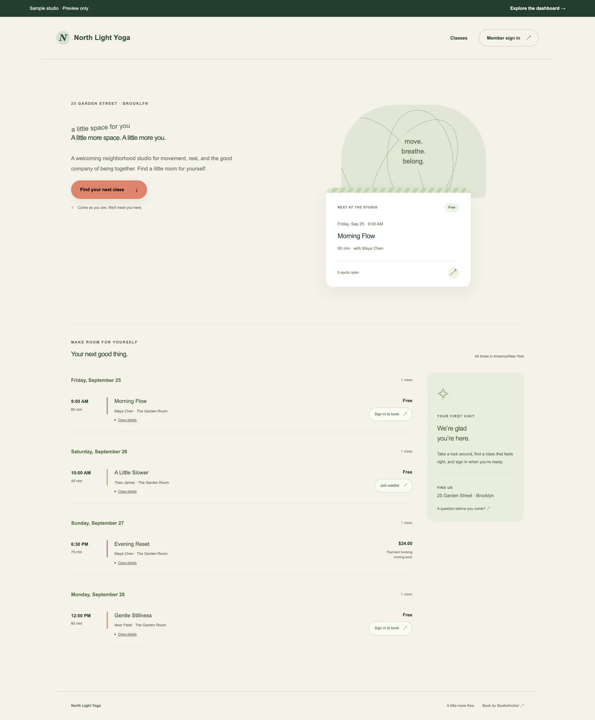 A studio’s public Book page where members choose classes.