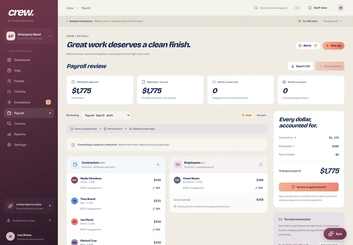 Crew’s payroll batch review with hours per person.