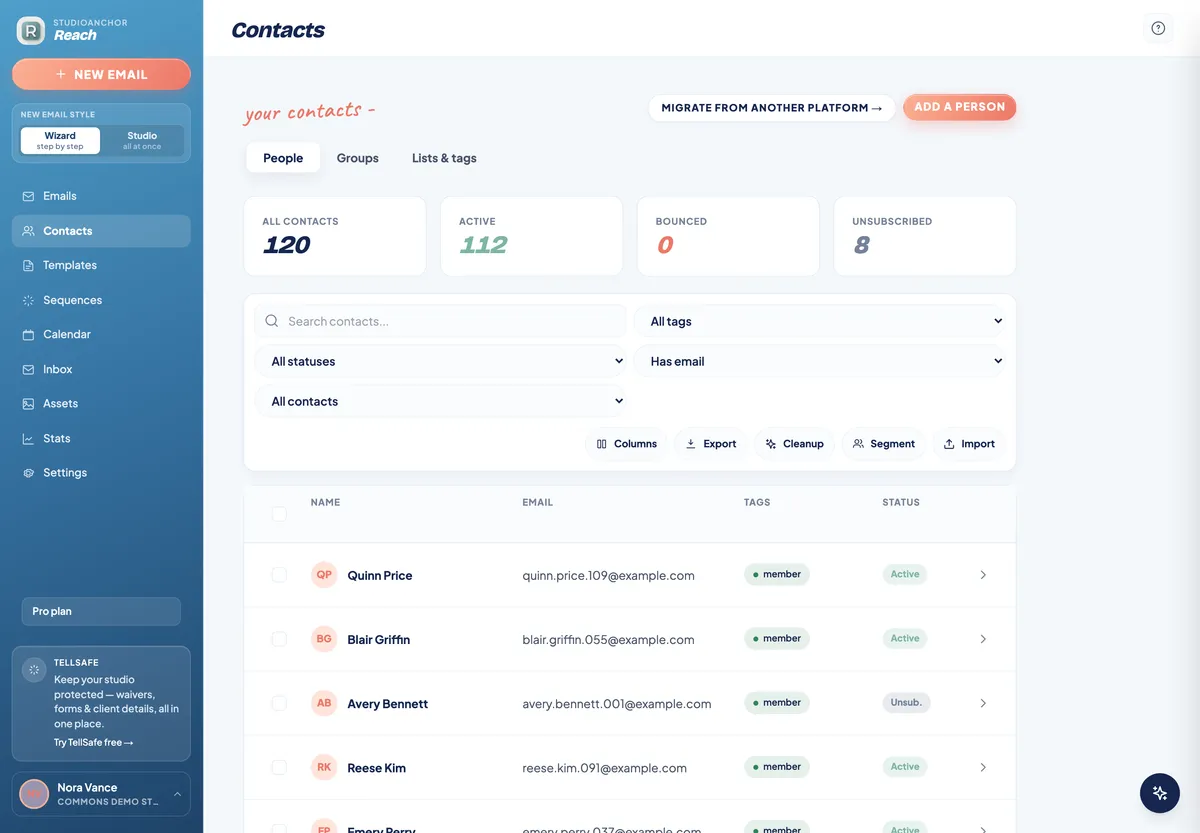 Reach’s contacts screen, with families grouped and tagged.