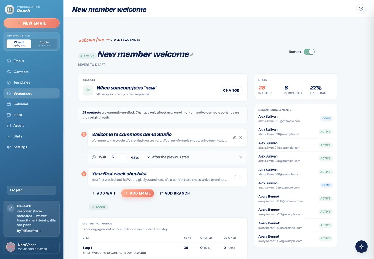 A Reach welcome sequence with timed follow-up emails.